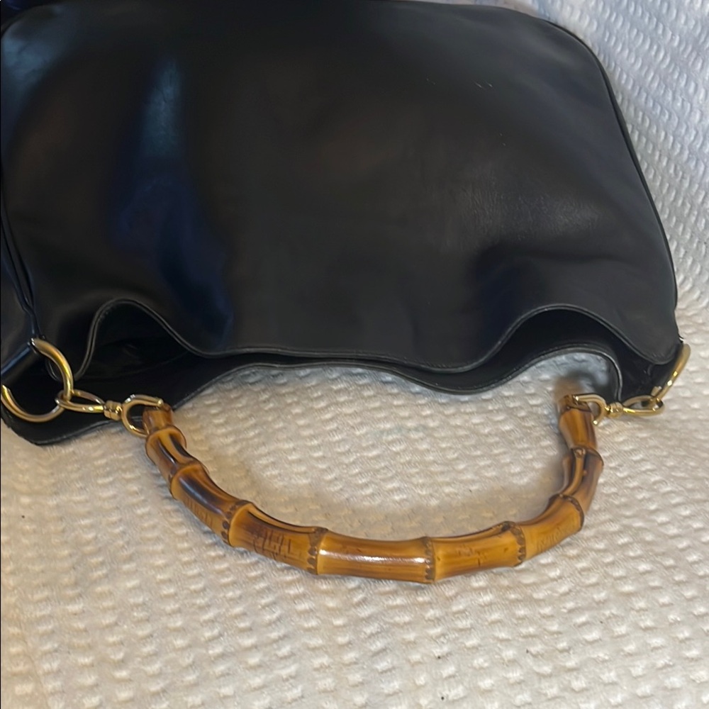 Gucci Black Leather Shoulder Bag with Bamboo Top Handle and Gold Hardware - Picture 12 of 16